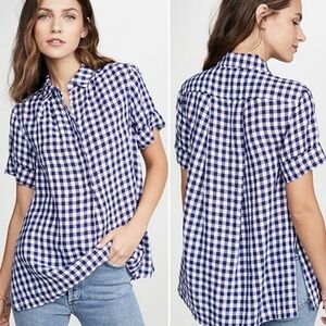 AYR 🆕 100% Linen ‘The Burst’ Gingham Top Small navy blue white check blouse NWOT